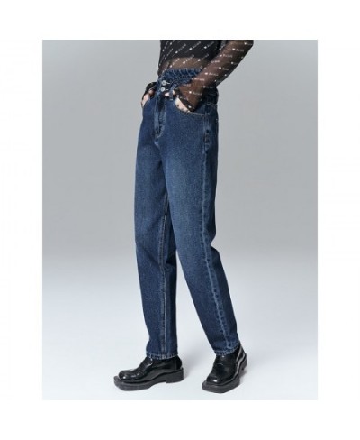 Women Jeans 2022 Spring High Waisted Trouser Dark Blue Pure Cotton Chic Casual Straight Leg pants Denim Pants $56.32 - Bottoms