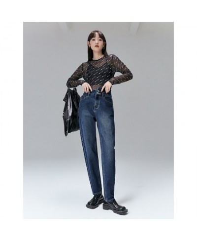 Women Jeans 2022 Spring High Waisted Trouser Dark Blue Pure Cotton Chic Casual Straight Leg pants Denim Pants $56.32 - Bottoms