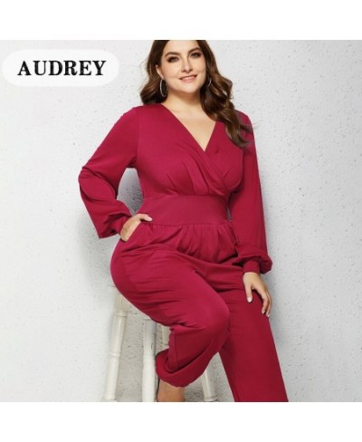 5xl Plus Size for Women Elegant Lantern Sleeve V-neck Women Jumpsuit Ruched High Waist Office Ladies Jumpsuit Casual Outfit $...