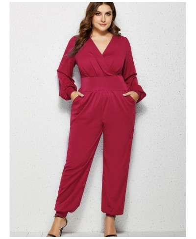 5xl Plus Size for Women Elegant Lantern Sleeve V-neck Women Jumpsuit Ruched High Waist Office Ladies Jumpsuit Casual Outfit $...