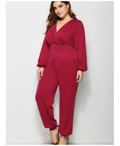 5xl Plus Size for Women Elegant Lantern Sleeve V-neck Women Jumpsuit Ruched High Waist Office Ladies Jumpsuit Casual Outfit $...