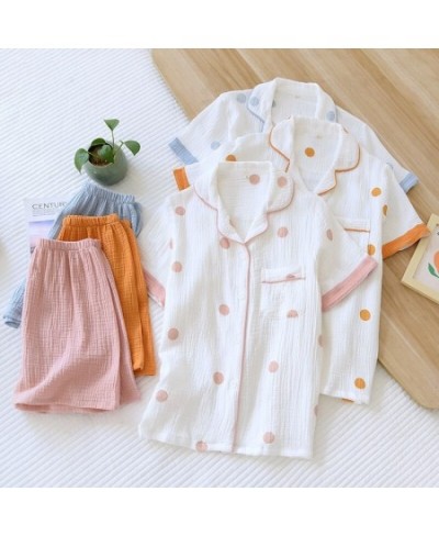 2023 Pajamas Women 100% Gauze Cotton Female Sleepwear Polka Dot Bedroom Set Woman 2 Pieces Loungewear Brief Suits with Shorts...