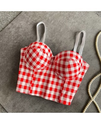 Vintage Spaghetti Strap Tanks Camis for Women Almighty Casual Plaid Patchwork Femme Croset Crop Tops with Built In Bras $30.9...