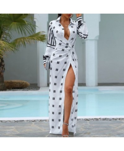 Sexy Hem Split Maxi Dresses Womens Geometry Print Streetwear Bandage Turn-down Collar Dresses Long Sleeve Hollow Out Long Dre...