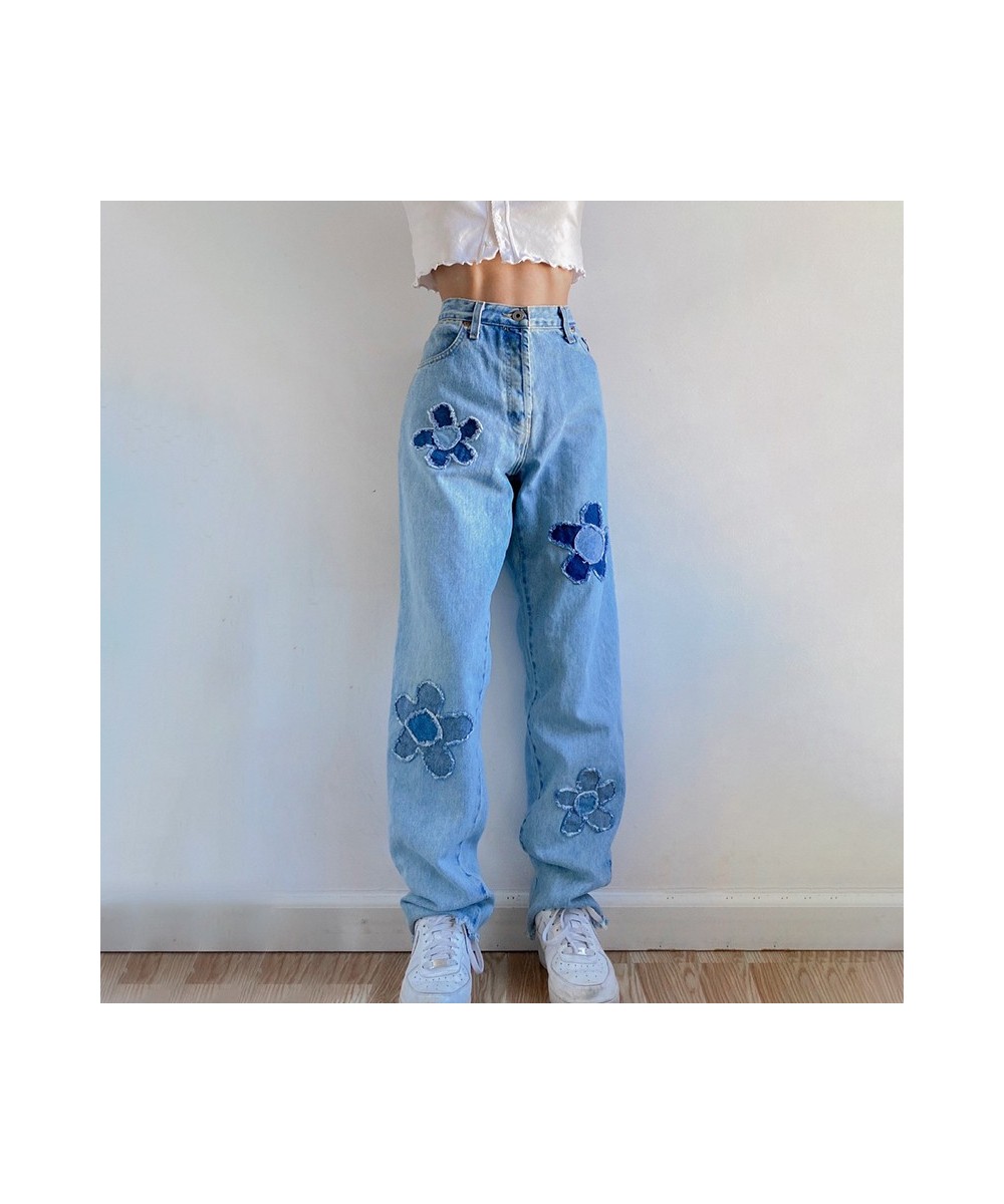 Torn Flower Patchwork Y2k Mom Jeans Women's Loose High-waist Straight-leg Denim Trousers Beautiful Casual Overalls Streetwear...