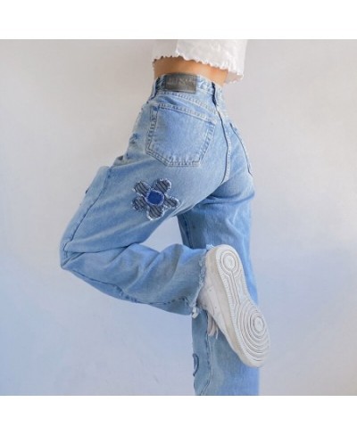 Torn Flower Patchwork Y2k Mom Jeans Women's Loose High-waist Straight-leg Denim Trousers Beautiful Casual Overalls Streetwear...