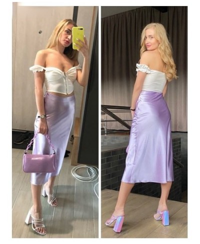 Solid Purple Satin Silk Skirt Women High Waisted Summer Long Skirt New 2023 Elegant Ladies Office Skirts Midi Spring $26.96 -...