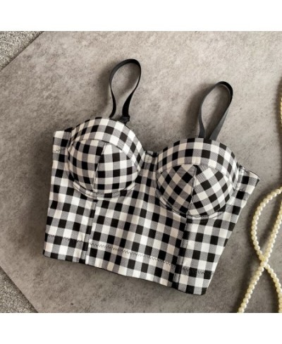 Vintage Spaghetti Strap Tanks Camis for Women Almighty Casual Plaid Patchwork Femme Croset Crop Tops with Built In Bras $30.9...