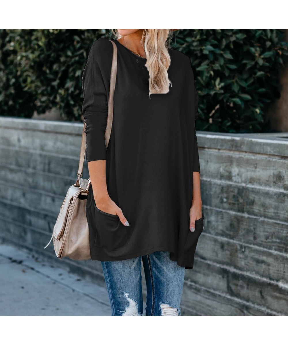 Plus Size Loose Pockets Design Casual Spring Summer Women T-Shirts Thirteen Colors O-Neck Button Long Sleeve Convenient $34.4...