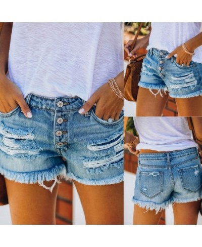 2023 women's summer jeans ripped tassel denim shorts straight buckle women's casual short jeans $33.57 - Jeans