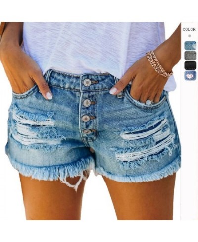 2023 women's summer jeans ripped tassel denim shorts straight buckle women's casual short jeans $33.57 - Jeans