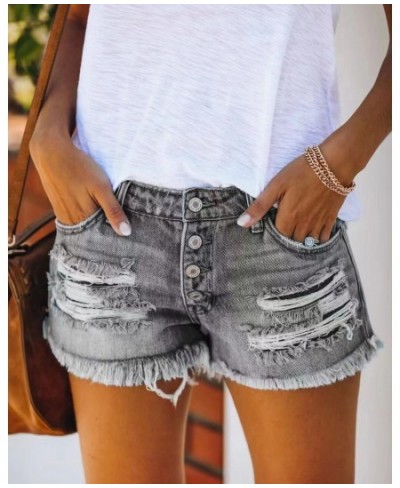 2023 women's summer jeans ripped tassel denim shorts straight buckle women's casual short jeans $33.57 - Jeans