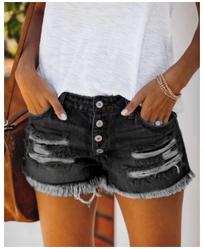 2023 women's summer jeans ripped tassel denim shorts straight buckle women's casual short jeans $33.57 - Jeans