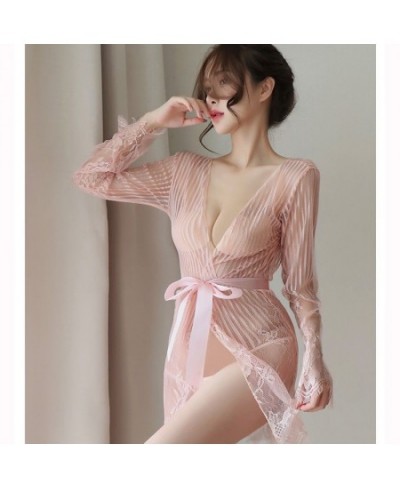 Women Sexy Lingerie Mesh Bathrobe Ladies Temptation Pajamas Set Erotic Sex Long Sleeping Dress Transparent Nightdress Sleepwe...