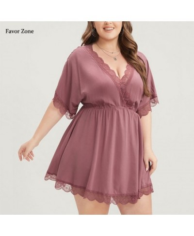 Plus Size Lace Dresses For Women 2023 Summer Short Sleeve Casual Mini Dress Sexy V-neck Evening Party Dresses Large Size $43....