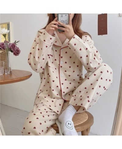 Heart Print Pajamas Set Women Cotton 2pcs Korean Style Harajuku Home Suit Loose Single Sleepwear Kawaii Sleep Tops Home Cloth...