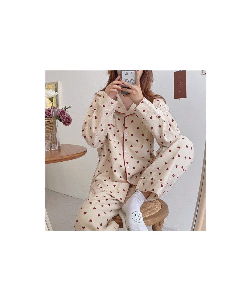 Heart Print Pajamas Set Women Cotton 2pcs Korean Style Harajuku Home Suit Loose Single Sleepwear Kawaii Sleep Tops Home Cloth...