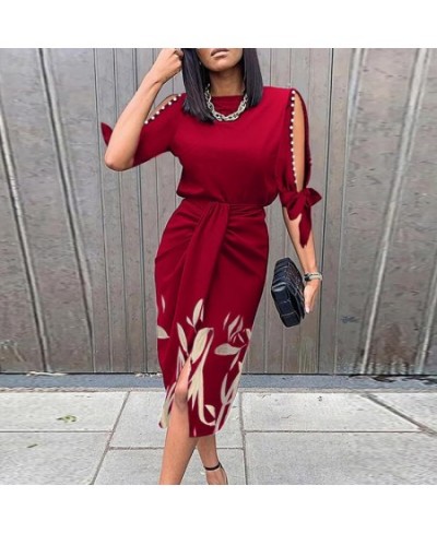 Vintage Hollow Out Bottom Print Women Bodycon Dresses Spring Autumn O-Neck Half Sleeve Party Dress Elegant Ladies Folds $42.9...