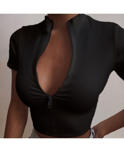 Fashion Slim Fit Zipper T-shirt Women Female Bustier Corset Tops High Neck Women Croped Tops Tee Solid Shirt White $19.21 - W...