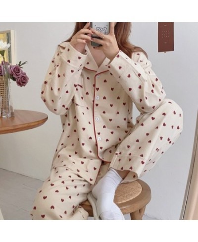 Heart Print Pajamas Set Women Cotton 2pcs Korean Style Harajuku Home Suit Loose Single Sleepwear Kawaii Sleep Tops Home Cloth...