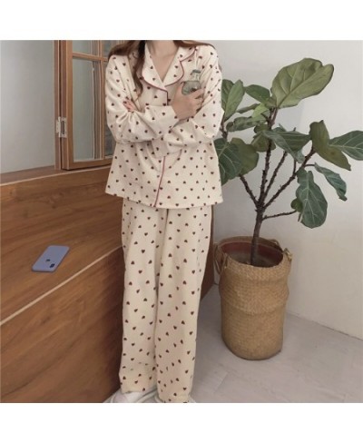 Heart Print Pajamas Set Women Cotton 2pcs Korean Style Harajuku Home Suit Loose Single Sleepwear Kawaii Sleep Tops Home Cloth...