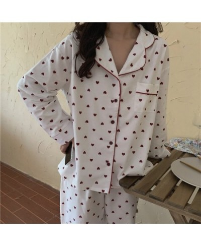 Heart Print Pajamas Set Women Cotton 2pcs Korean Style Harajuku Home Suit Loose Single Sleepwear Kawaii Sleep Tops Home Cloth...