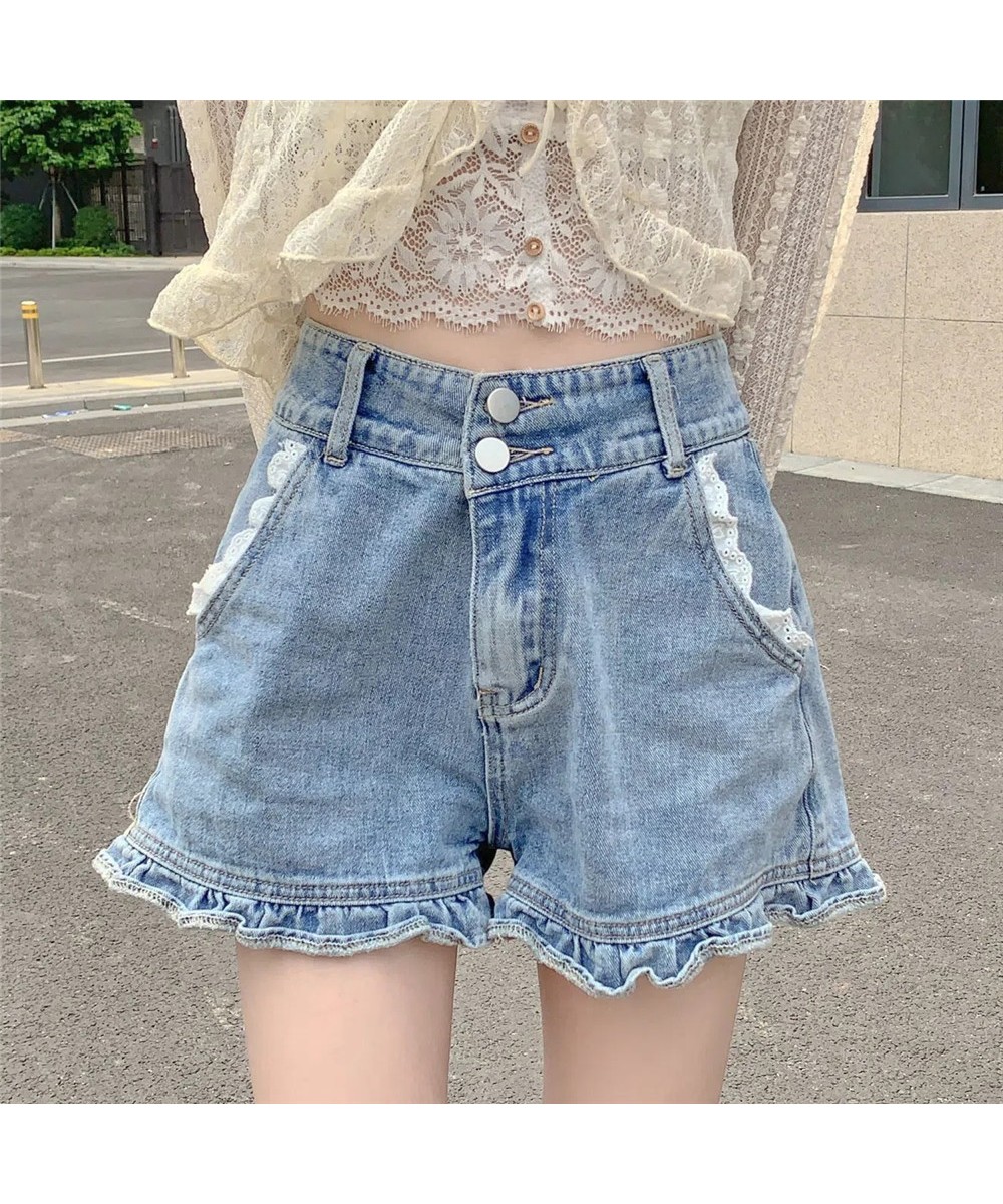 High Waist Casual Y2k Summer Jean Shorts Women Korean Loose Ruffled Wide Leg Denim Shorts Lace Patchwork Sweet Style Cute $41...