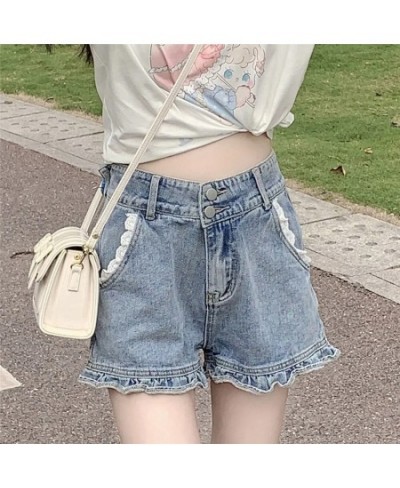 High Waist Casual Y2k Summer Jean Shorts Women Korean Loose Ruffled Wide Leg Denim Shorts Lace Patchwork Sweet Style Cute $41...