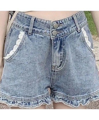 High Waist Casual Y2k Summer Jean Shorts Women Korean Loose Ruffled Wide Leg Denim Shorts Lace Patchwork Sweet Style Cute $41...