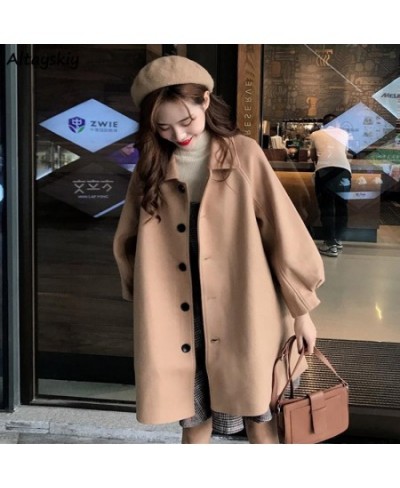 Long Blends Women Khaki Fall Retro Single Breasted Pure Wide-waisted Lantern Sleeve Lady Coats Casual Clothing All-match $43....