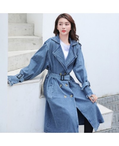 Women's Denim Trench Coat 2023 Autumn Double Breasted Belted Casual Jean Overcoat Loose Long Windbreaker Jacket Couple Models...