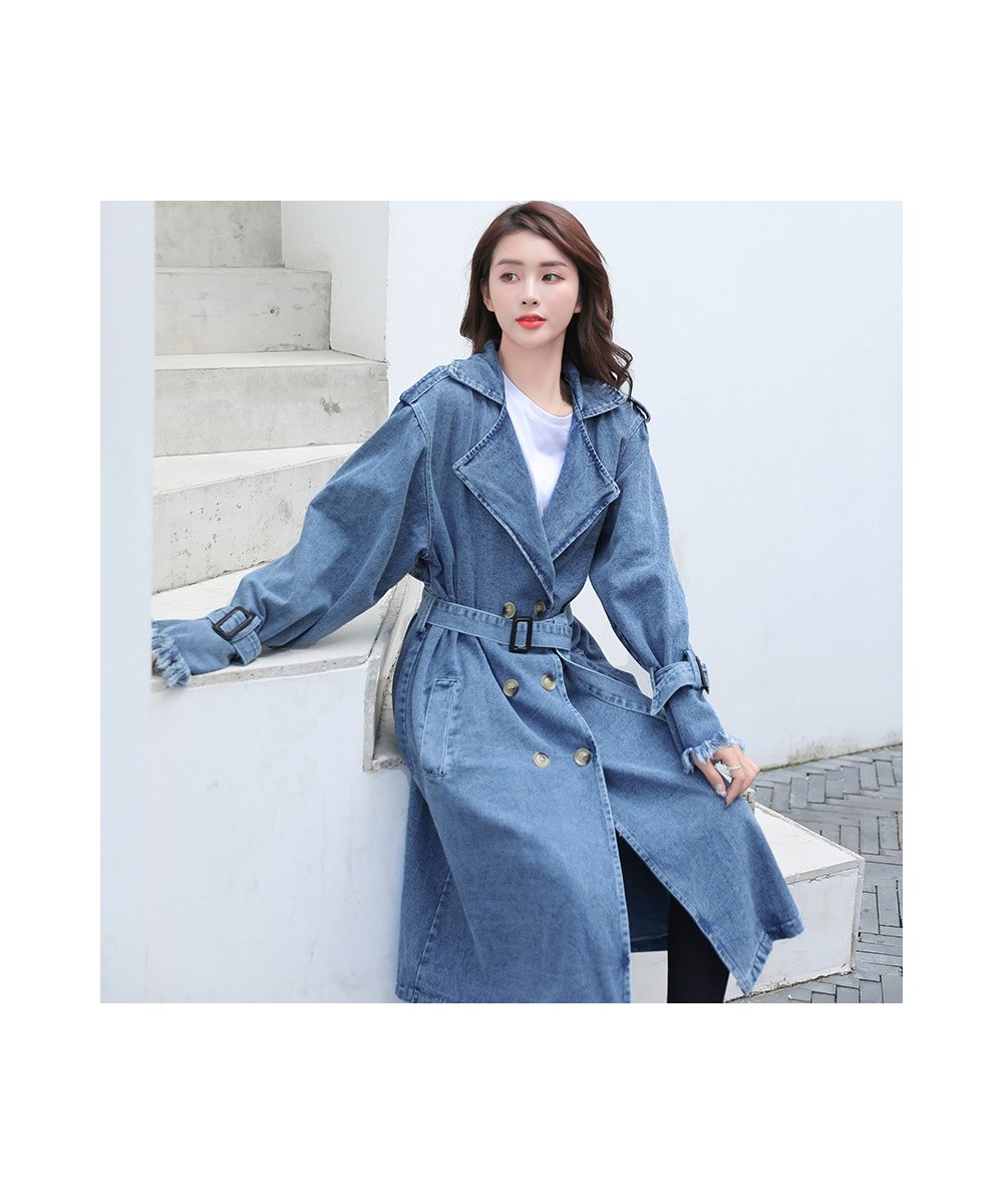 Women's Denim Trench Coat 2023 Autumn Double Breasted Belted Casual Jean Overcoat Loose Long Windbreaker Jacket Couple Models...