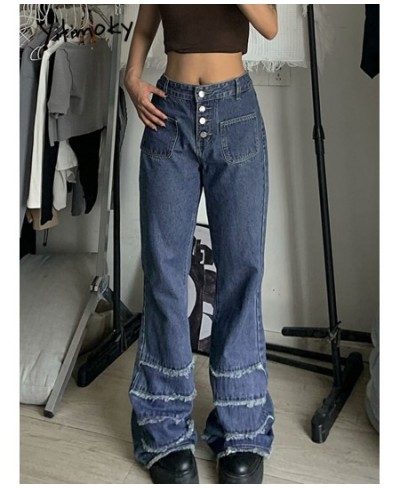 Patchwork Burrs Jeans Women Flare Pants High Waist Streetwear Fashion Wide Leg Denim Trousers Retro Femme Pantalon $87.77 - J...