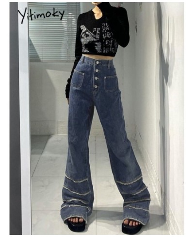 Patchwork Burrs Jeans Women Flare Pants High Waist Streetwear Fashion Wide Leg Denim Trousers Retro Femme Pantalon $87.77 - J...