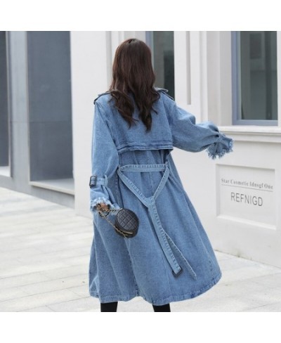 Women's Denim Trench Coat 2023 Autumn Double Breasted Belted Casual Jean Overcoat Loose Long Windbreaker Jacket Couple Models...