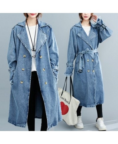 Women's Denim Trench Coat 2023 Autumn Double Breasted Belted Casual Jean Overcoat Loose Long Windbreaker Jacket Couple Models...