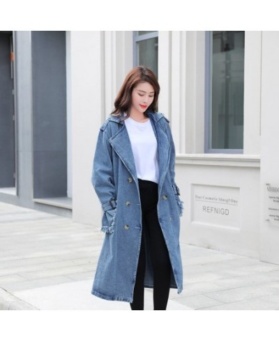 Women's Denim Trench Coat 2023 Autumn Double Breasted Belted Casual Jean Overcoat Loose Long Windbreaker Jacket Couple Models...