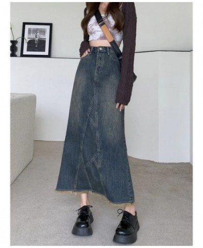 Y2k Denim Skirts For Women Fashion Tassels High Waist Lotus Leaf Package Hip Fishtail Skirt Slit Design Retro Midi Skirt Stre...