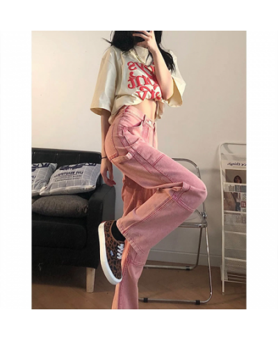 Spring Autumn Light Pink Heavy Worn Washed-out Straight Jeans Women Street Dance Hip-Hop Trendy Loose Ins Casual Trousers Wom...