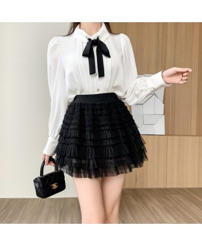 New Casual Woman Mesh Fold Cake Skirt Womens Korean Fashion Office Lady Wear Female OL Girls Cute Sexy Black Mini Pleated Ski...