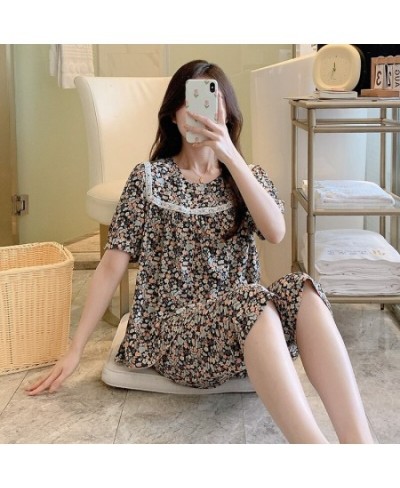 2023 Spring And Summer Pajamas Women's Round-neck Cotton Silk Short-sleeved Shorts Sweet Printing Loose Home Clothes Pullove ...