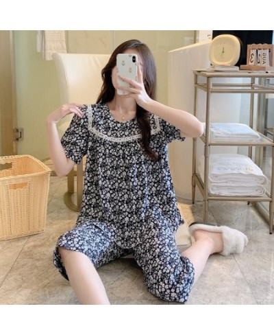 2023 Spring And Summer Pajamas Women's Round-neck Cotton Silk Short-sleeved Shorts Sweet Printing Loose Home Clothes Pullove ...