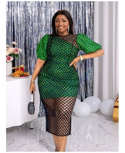 Plus Size 4XL Sexy Club Dress Autumn Mesh Hole O Neck Green Robe Short Puff Sleeve Bodycon Evening Party African Event Vestid...