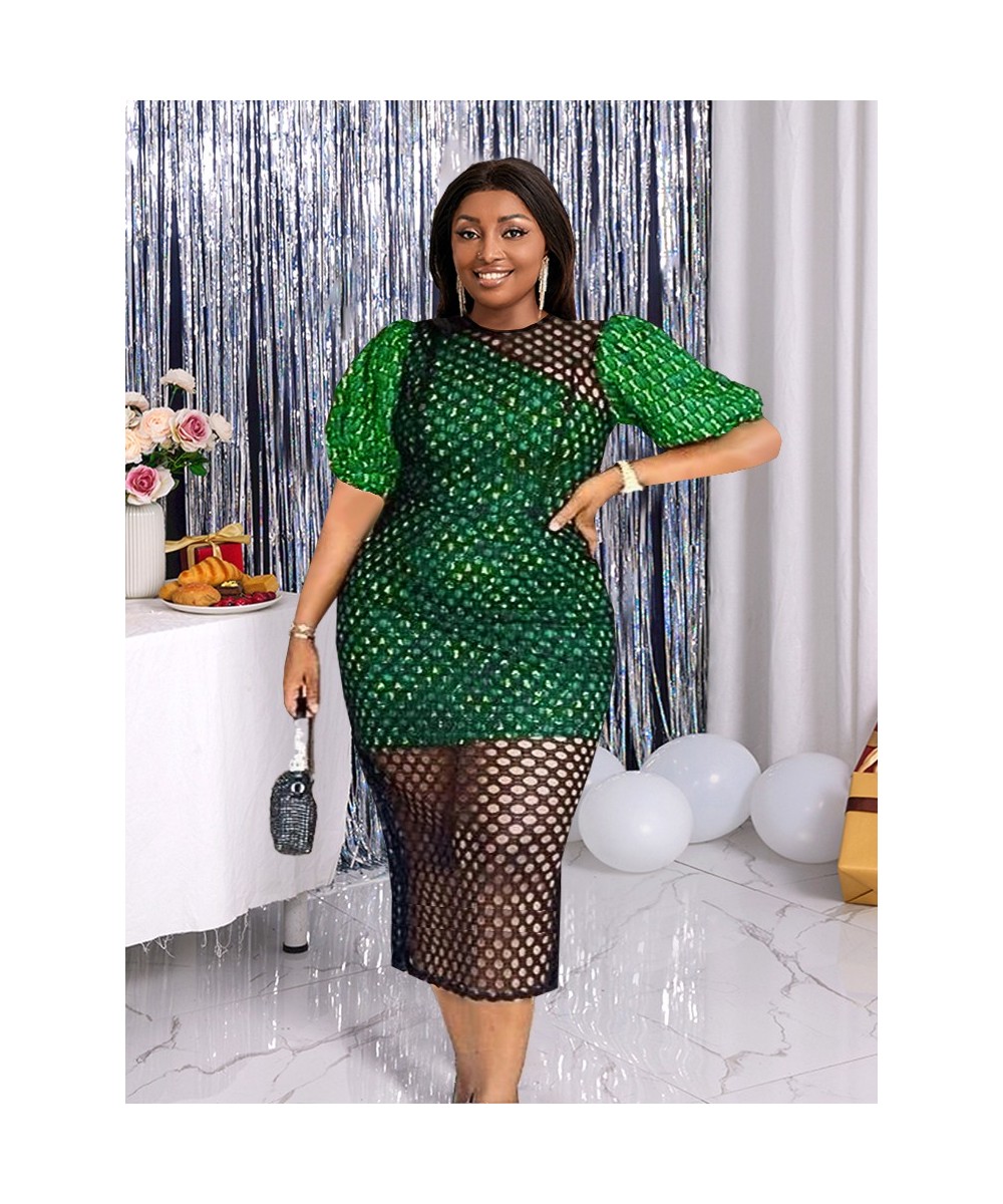 Plus Size 4XL Sexy Club Dress Autumn Mesh Hole O Neck Green Robe Short Puff Sleeve Bodycon Evening Party African Event Vestid...