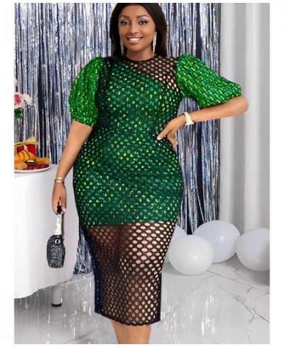 Plus Size 4XL Sexy Club Dress Autumn Mesh Hole O Neck Green Robe Short Puff Sleeve Bodycon Evening Party African Event Vestid...