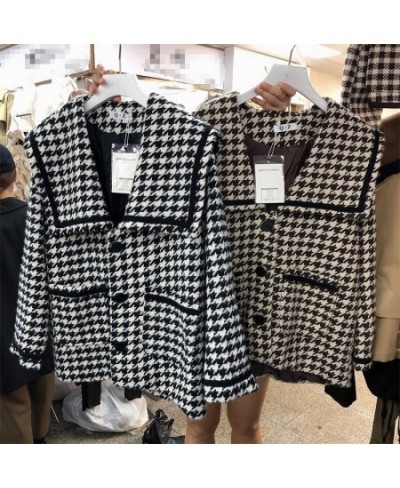 2023 autumn and winter new navy collar houndstooth loose woolen coat student short woolen coat women trend $55.55 - Jackets &...