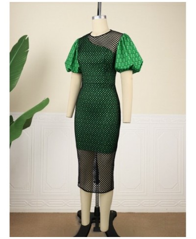 Plus Size 4XL Sexy Club Dress Autumn Mesh Hole O Neck Green Robe Short Puff Sleeve Bodycon Evening Party African Event Vestid...