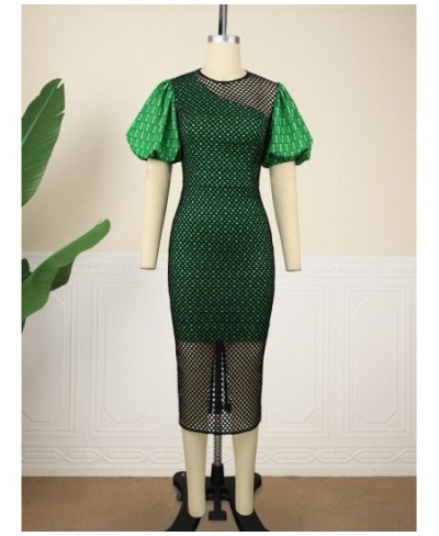 Plus Size 4XL Sexy Club Dress Autumn Mesh Hole O Neck Green Robe Short Puff Sleeve Bodycon Evening Party African Event Vestid...