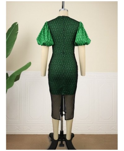 Plus Size 4XL Sexy Club Dress Autumn Mesh Hole O Neck Green Robe Short Puff Sleeve Bodycon Evening Party African Event Vestid...