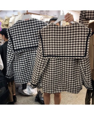 2023 autumn and winter new navy collar houndstooth loose woolen coat student short woolen coat women trend $55.55 - Jackets &...